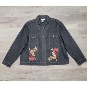 Coldwater Creek Embroidered Floral Denim Jean Jacket Plus Size 2X Black Classic